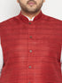 Men's Plus Size White And Maroon Cotton Blend Jacket Kurta Pyjama Set