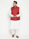 Men's Plus Size White And Maroon Cotton Blend Jacket Kurta Pyjama Set