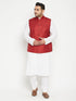 Men's Plus Size White And Maroon Cotton Blend Jacket Kurta Pyjama Set
