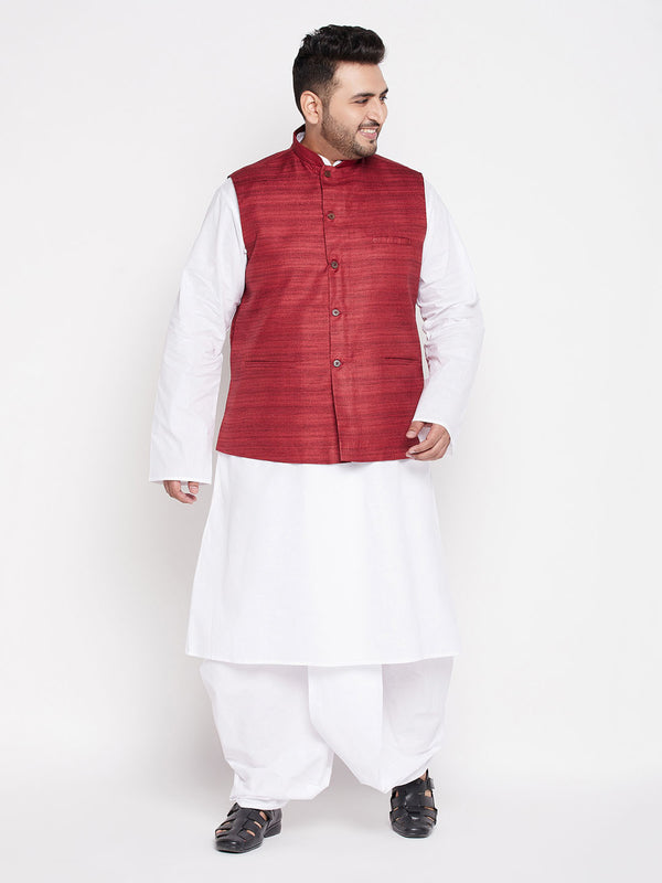Men's Plus Size Maroon Cotton Blend Jacket With White Kurta And Dhoti Set