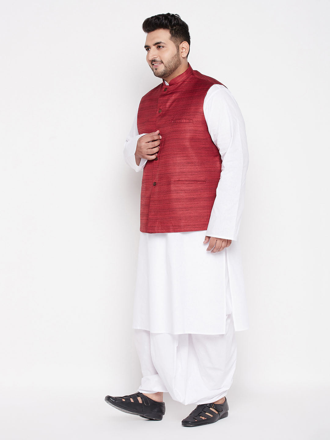 Men's Plus Size Maroon Cotton Blend Jacket With White Kurta And Dhoti Set