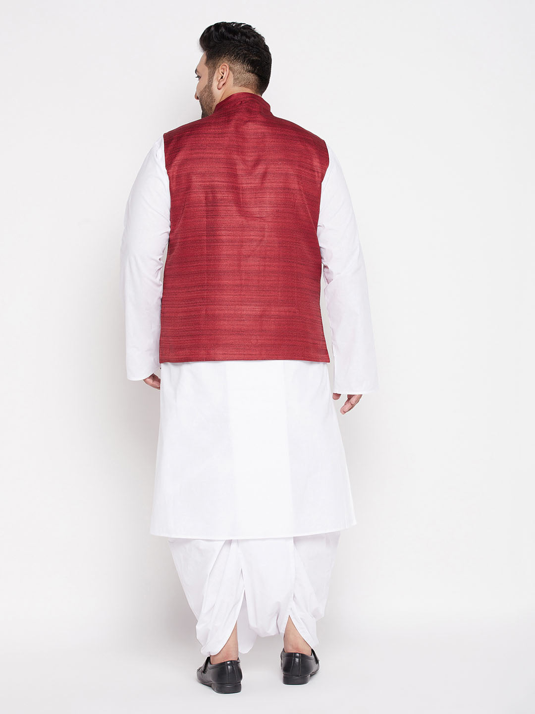 Men's Plus Size Maroon Cotton Blend Jacket With White Kurta And Dhoti Set