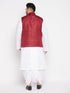 Men's Plus Size Maroon Cotton Blend Jacket With White Kurta And Dhoti Set