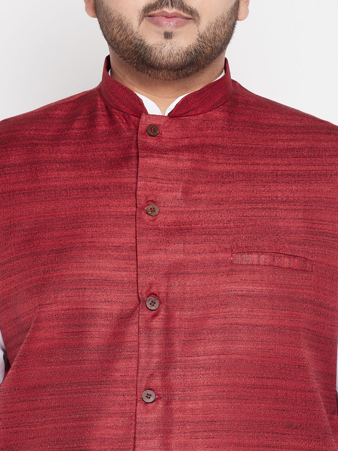 Men's Plus Size Maroon Cotton Blend Jacket With White Kurta And Dhoti Set