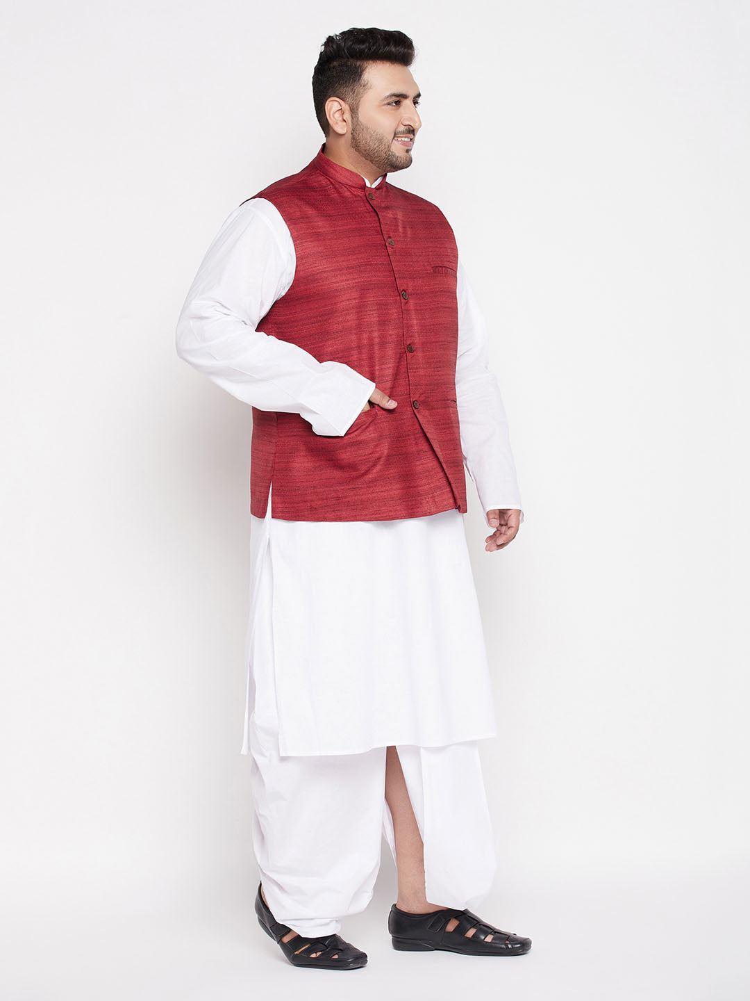 Men's Plus Size Maroon Cotton Blend Jacket With White Kurta And Dhoti Set