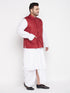 Men's Plus Size Maroon Cotton Blend Jacket With White Kurta And Dhoti Set