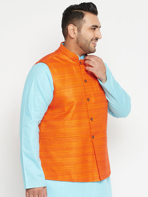 Men's Plus Size Orange Matka Silk Textured Nehru Jacket