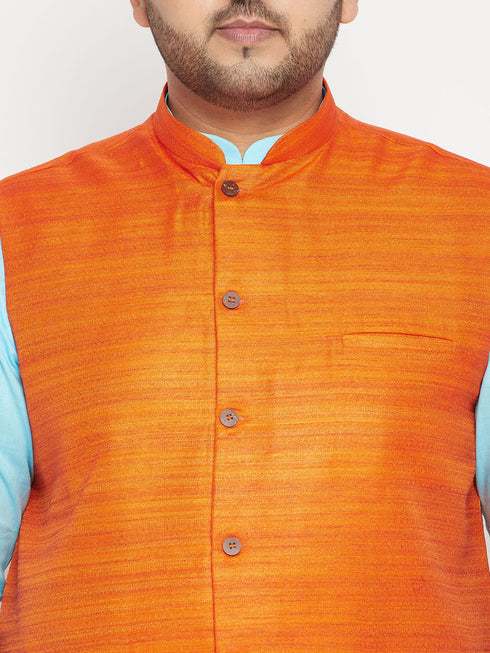 Men's Plus Size Orange Matka Silk Textured Nehru Jacket