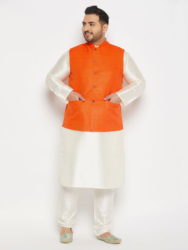 Men's Plus Size Orange Matka Silk Nehru Jacket With Cream Silk Blend Kurta And Pant Style Pyjama Set