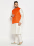 Men's Plus Size Orange Matka Silk Nehru Jacket With Cream Silk Blend Kurta And Pant Style Pyjama Set