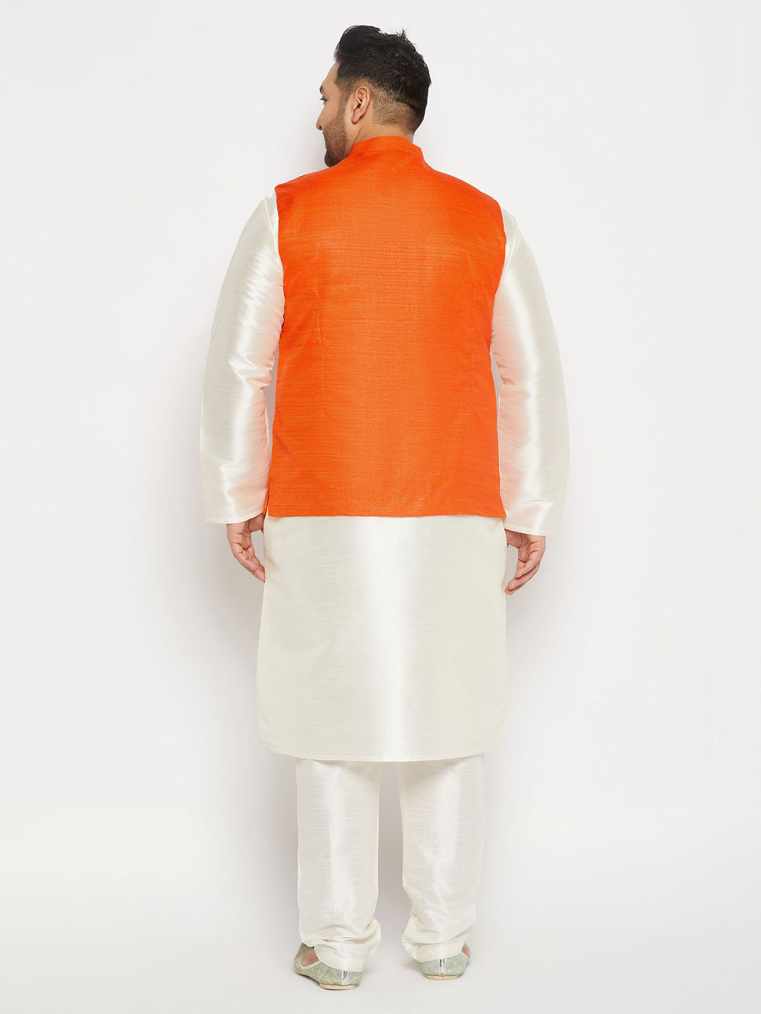Men's Plus Size Orange Matka Silk Nehru Jacket With Cream Silk Blend Kurta And Pant Style Pyjama Set