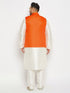 Men's Plus Size Orange Matka Silk Nehru Jacket With Cream Silk Blend Kurta And Pant Style Pyjama Set