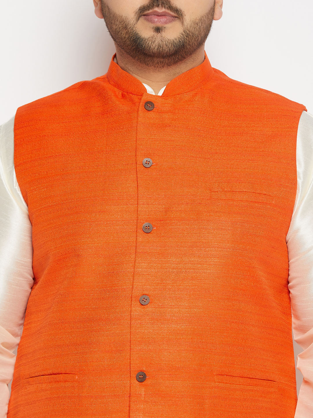Men's Plus Size Orange Matka Silk Nehru Jacket With Cream Silk Blend Kurta And Pant Style Pyjama Set