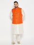 Men's Plus Size Orange Matka Silk Nehru Jacket With Cream Silk Blend Kurta And Pant Style Pyjama Set