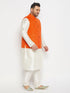 Men's Plus Size Orange Matka Silk Nehru Jacket With Cream Silk Blend Kurta And Pant Style Pyjama Set