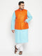 Plus Size Men's Aqua Blue Kurta And White Pyjama With Nehru Jacket Set