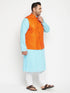 Plus Size Men's Aqua Blue Kurta And White Pyjama With Nehru Jacket Set