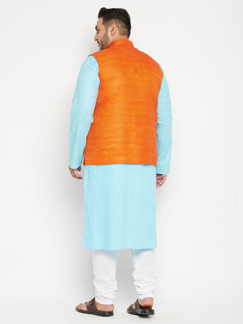 Plus Size Men's Aqua Blue Kurta And White Pyjama With Nehru Jacket Set
