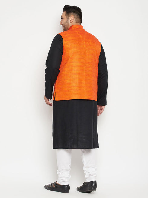 Plus Men's Black And White Pyjama Set With Orange Nehru Jacket Set