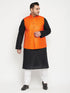 Plus Men's Black And White Pyjama Set With Orange Nehru Jacket Set