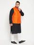 Plus Men's Black And White Pyjama Set With Orange Nehru Jacket Set