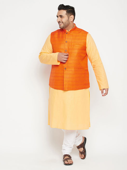 Men's Plus Size Fawn And Orange Cotton Blend Jacket Kurta Pyjama Set