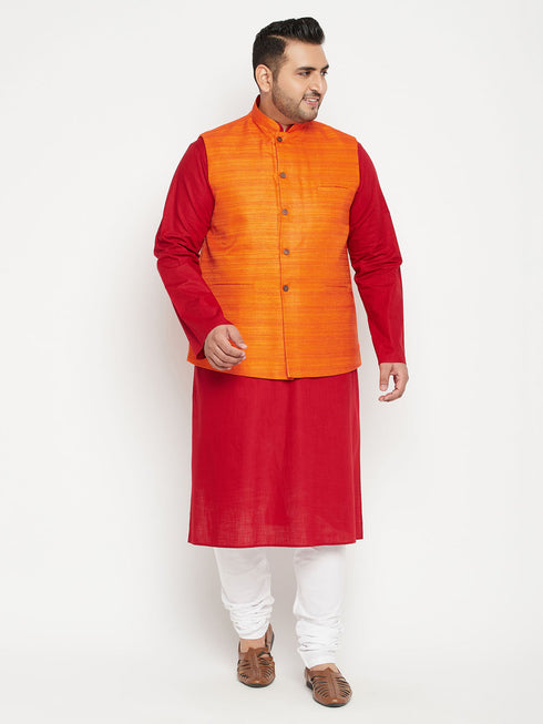 Men's Plus Size Maroon And Orange Cotton Blend Jacket Kurta Pyjama Set