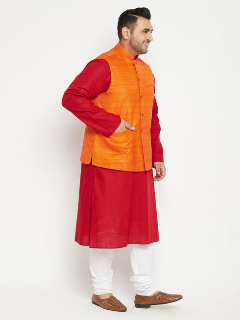 Men's Plus Size Maroon And Orange Cotton Blend Jacket Kurta Pyjama Set