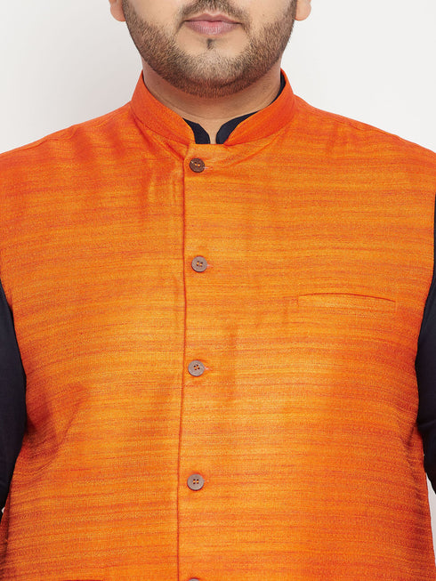 Men's Plus Size Navy Blue And Orange Cotton Blend Jacket Kurta Pyjama Set