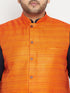 Men's Plus Size Navy Blue And Orange Cotton Blend Jacket Kurta Pyjama Set