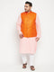 Plus Men's Pink Kurta And White Pyjama With Orange Nehru Jacket Set