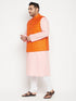 Plus Men's Pink Kurta And White Pyjama With Orange Nehru Jacket Set
