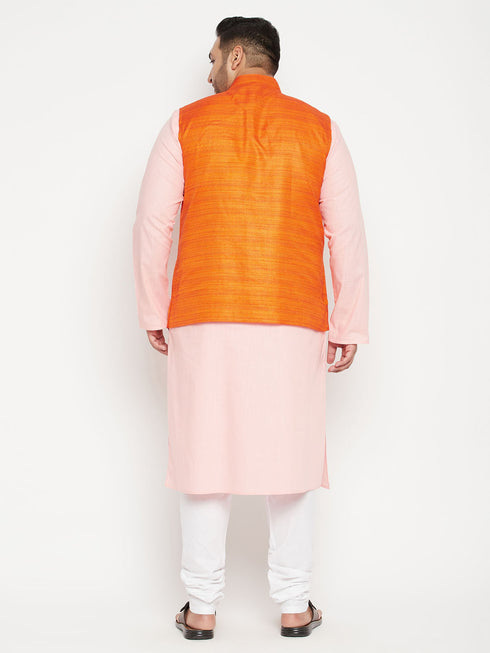 Plus Men's Pink Kurta And White Pyjama With Orange Nehru Jacket Set