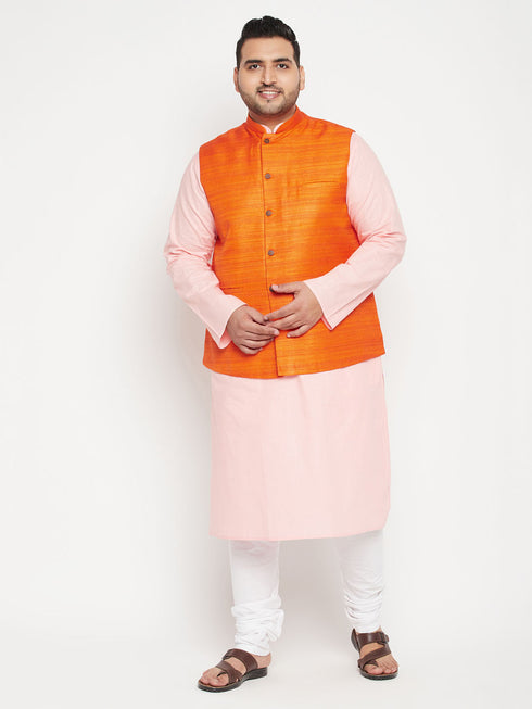 Plus Men's Pink Kurta And White Pyjama With Orange Nehru Jacket Set