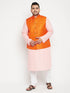 Plus Men's Pink Kurta And White Pyjama With Orange Nehru Jacket Set