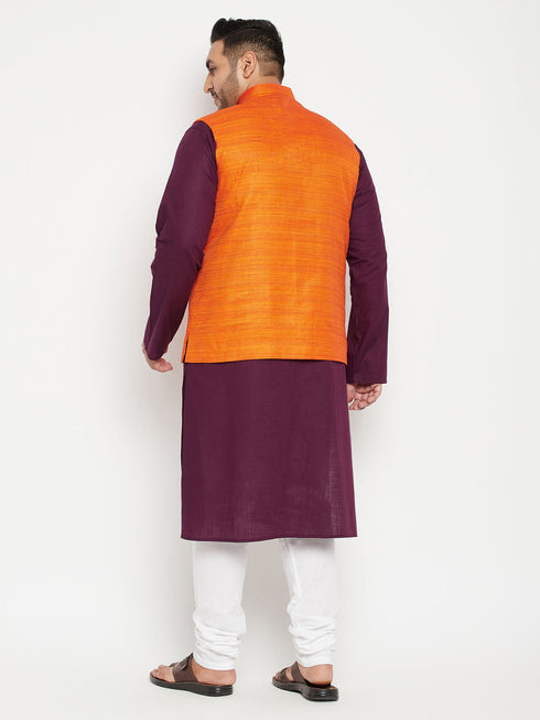 Men's Plus Size Purple And Orange Cotton Blend Jacket Kurta Pyjama Set