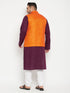 Men's Plus Size Purple And Orange Cotton Blend Jacket Kurta Pyjama Set