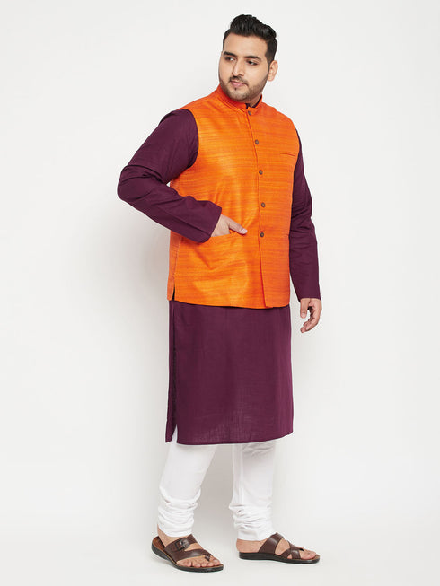 Men's Plus Size Purple And Orange Cotton Blend Jacket Kurta Pyjama Set