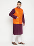 Men's Plus Size Purple And Orange Cotton Blend Jacket Kurta Pyjama Set