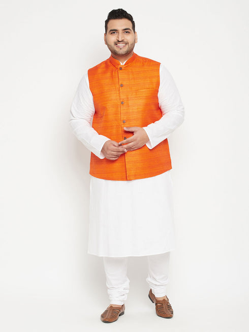 Men's Plus Size White And Orange Cotton Blend Jacket Kurta Pyjama Set