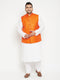 Men's Plus Size White And Orange Cotton Blend Jacket Kurta Pyjama Set