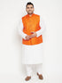 Men's Plus Size White And Orange Cotton Blend Jacket Kurta Pyjama Set