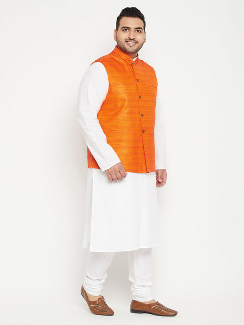 Men's Plus Size White And Orange Cotton Blend Jacket Kurta Pyjama Set