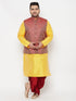 Plus Men's Maroon Nehru Jacket With Yellow Kurta And Maroon Dhoti Set