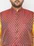 Plus Men's Maroon Nehru Jacket With Yellow Kurta And Maroon Dhoti Set