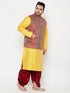 Plus Men's Maroon Nehru Jacket With Yellow Kurta And Maroon Dhoti Set
