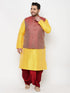 Plus Men's Maroon Nehru Jacket With Yellow Kurta And Maroon Dhoti Set