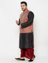 Plus Men's Maroon Nehru Jacket With Black Kurta And Maroon Dhoti Set