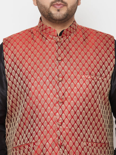 Plus Men's Maroon Nehru Jacket With Black Kurta And Maroon Dhoti Set