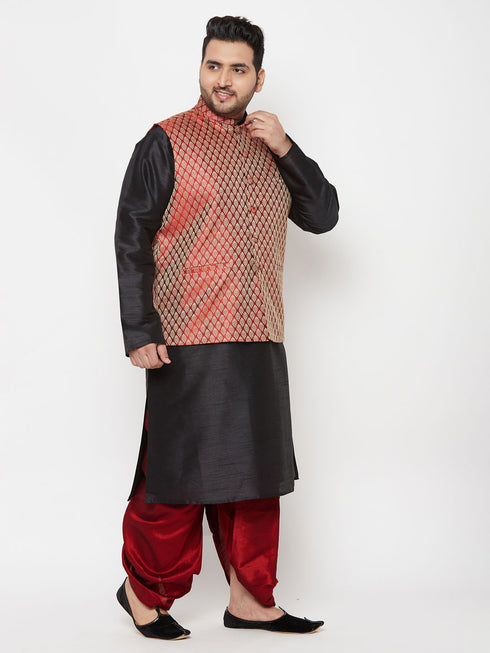 Plus Men's Maroon Nehru Jacket With Black Kurta And Maroon Dhoti Set